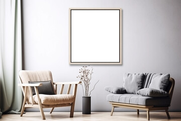 Square picture frame mockup in modern living room interior, blank copyspace, grey tones, poster mock-up. Generative AI