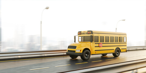 Yellow school bus with stop sign moving on a highway © ImageFlow