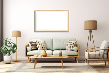 Horizontal picture frames with passe-partout mockup in modern living room interior, blank copyspace, soft tones, wall art mock-up. Generative AI
