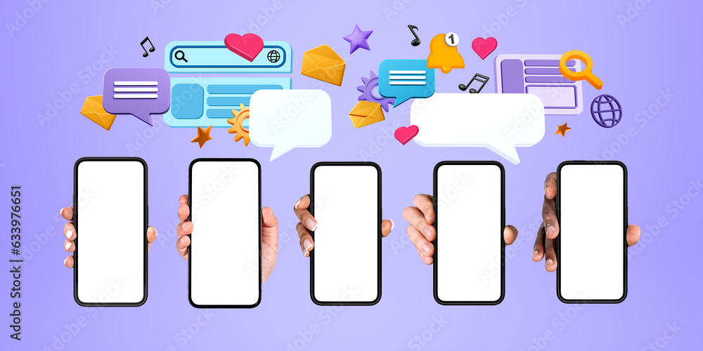 Poster hands with empty phone display, social media, website and mock up bubbles