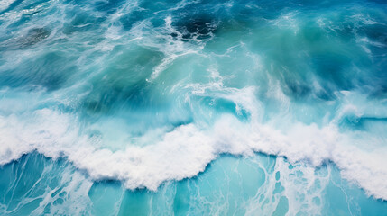 Aerial view to waves in ocean Splashing Waves. Blue clean wavy sea water.