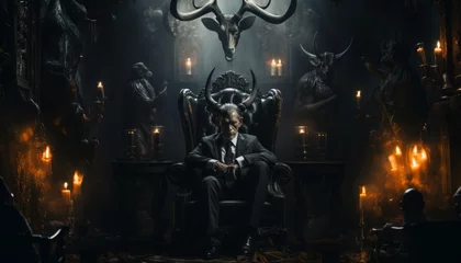 Fotobehang A business man the devil or satan sits in a dark office with horns, the man sold his soul to the evil forces of hell. Made in AI. © Ренат Хисматулин