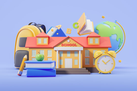 Cartoon school building with books and backpack, education concept