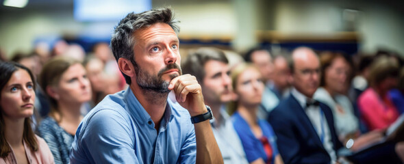 Obraz premium Man with Hand on Chin Looking Up, Concentrated at Indoor Business Seminar or Training Event