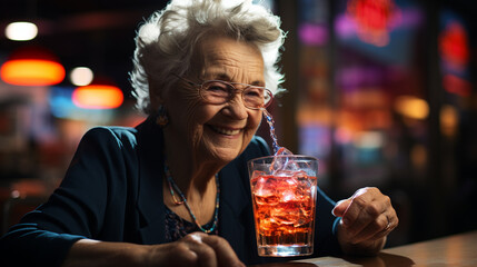 Elderly woman drinks alcohol. Generative Ai