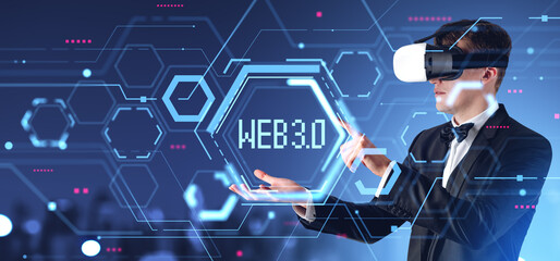 Man in VR goggles working with web 3.0 interface