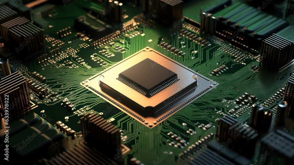 Poster close up of computer circuit board in green background