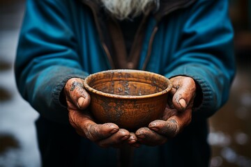 Fototapeta na wymiar Impoverished elderly hands hold empty bowl, selective focus reveals hungers impact Generative AI
