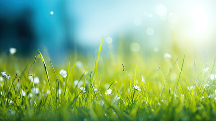 natural green background with selective focus, Spring summer background with frame of grass and leaves on nature.