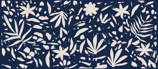 Monochromatic vector background with scattered abstract leaves, flowers and other botanical elements. Random cutout dark blue tropical foliage collage, ornamental texture, cute decorative pattern