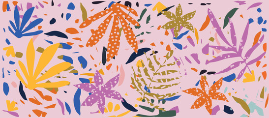 Colorful vector background with scattered abstract leaves, flowers and other botanical elements. Random cutout tropical foliage collage, ornamental texture, cute decorative pattern