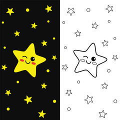 This is a cute illustration of a star in the sky at night and next to it is a black-and-white version to color