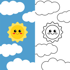 This is a cute illustration of the sun in the sky during the day and next to it is a black-and-white version to color