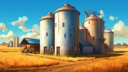 Obraz premium Grain silo at sunset at countryside