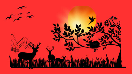 Halloween, Deer in the forest, birds are flying, sunset view, wild like vector.