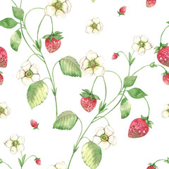 Hand painted watercolor wild strawberry seamless pattern with white flower on white background. Floral Botanical illustration. Design for natural cosmetics, summer garden design element.
