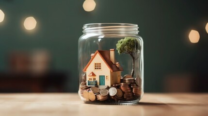 Jar of coin and house for investment concept, Real restate concept with clear background  - obrazy, fototapety, plakaty