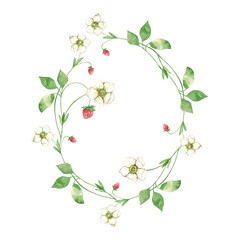 Wild strawberry wreath with berries and flowers, twigs. Watercolor. Floral wild strawberry Botanical illustration. Design for natural cosmetics, summer garden design element.