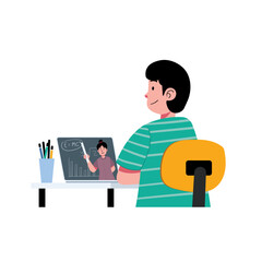 Boy sit at desk and online learning via laptop or digital tablet with happy face illustration