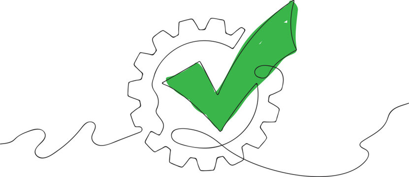 recommend clip art: Continuous One line drawing of Gear with Green Checkmark inside, Single line art of Gear and Tickmark, Doodle design. vector illustration
