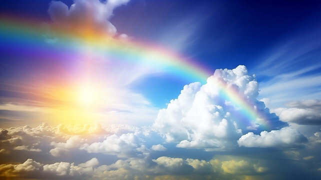 Rainbow in the sky among the clouds. A fabulous fantasy image of a colorful rainbow bridge in  bright sunlight shining in the cloudscape. Created by Generative AI