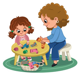Vector illustration of little girl folding socks with her mother. 