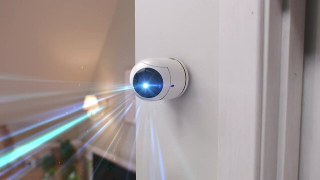 Modern security camera with AI recognition installed on wall in apartment. CCTV camera rotates, scanning objects in room with 3D animated laser beams. VFX animation. Surveillance and tracking system.