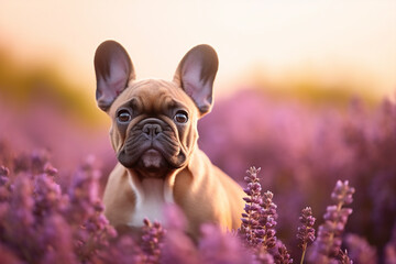 French Bulldog dog sitting in purple heather flower field.