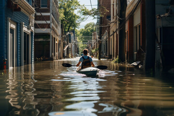 Person with boat, canoe in flooded city street