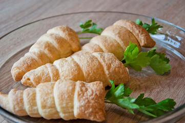 food appetizer. fresh bakery and pastry snack. easter french croissant. bakehouse with homemade buttery. closeup