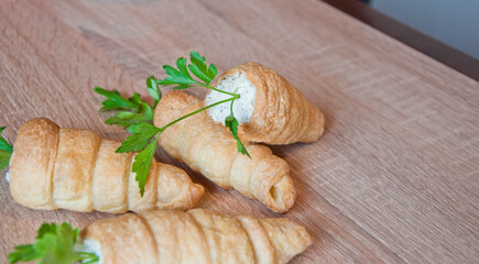 food appetizer. fresh bakery and pastry snack. easter french croissant. bakehouse with homemade...