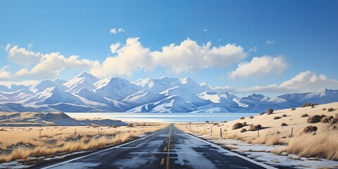 AI Generated. AI Generative. Winter snow beautiful road highway mountains landscape background adventure road trip. Graphic Art