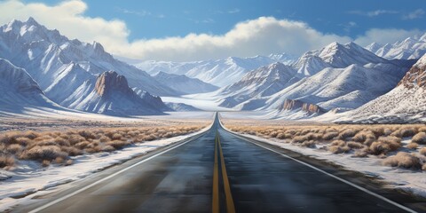 AI Generated. AI Generative. Winter snow beautiful road highway mountains landscape background adventure road trip. Graphic Art