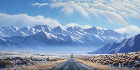 AI Generated. AI Generative. Winter snow beautiful road highway mountains landscape background adventure road trip. Can be used for polar alaska tour promotion 