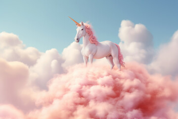 A white unicorn with candy cotton pink hair riding on pink clouds
