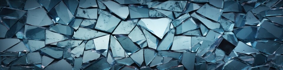 Blue glass broken into many parts, texture, broken glass, broken window, mosaic - obrazy, fototapety, plakaty