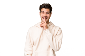 Young caucasian handsome man over isolated background showing a sign of silence gesture putting finger in mouth