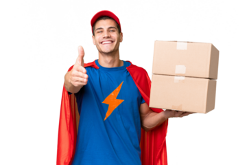 Super Hero delivery man over isolated background shaking hands for closing a good deal