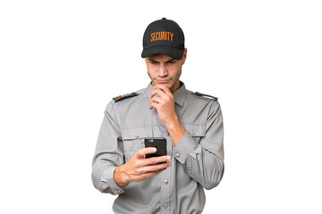 Young security man over isolated background thinking and sending a message