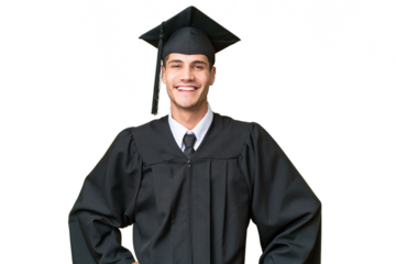 Young university graduate caucasian man over isolated background posing with arms at hip and smiling