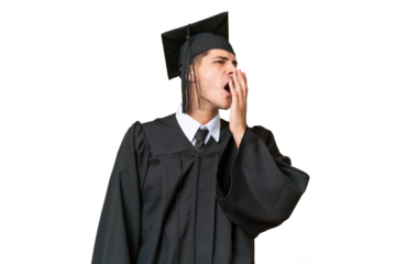 Young university graduate caucasian man over isolated background yawning and covering wide open mouth with hand
