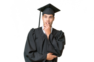 Young university graduate caucasian man over isolated background surprised and shocked while looking right