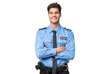 Young police man over isolated background keeping the arms crossed in frontal position