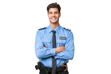 Young police man over isolated background keeping the arms crossed in frontal position
