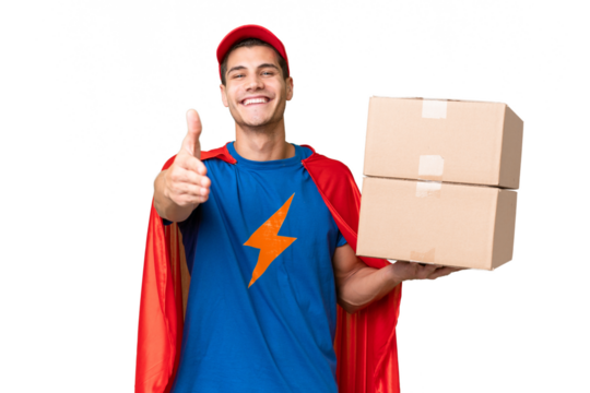 Super Hero delivery man over isolated background shaking hands for closing a good deal