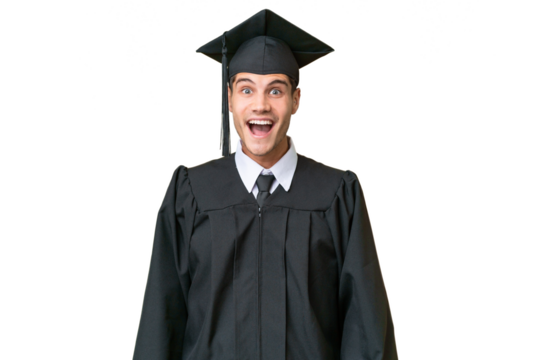 Young university graduate caucasian man over isolated background with surprise facial expression
