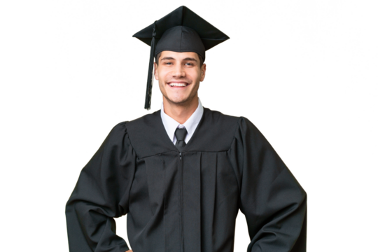 Young university graduate caucasian man over isolated background posing with arms at hip and smiling
