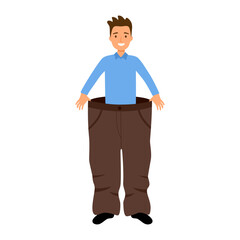 Man after weight loss trying his old trousers in flat design on white background. Good slim shape healthy guy after dieting and exercising.