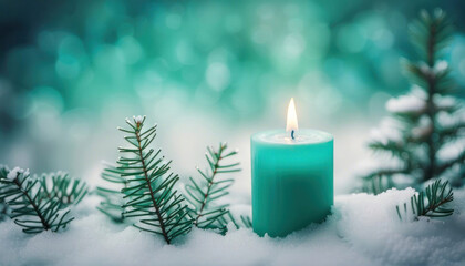 Christmas candle with snow and tree with copy space