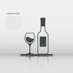 Wine glass and bottle icon in flat style. Champagne beverage vector illustration on isolated background. Cocktail drink sign business concept.